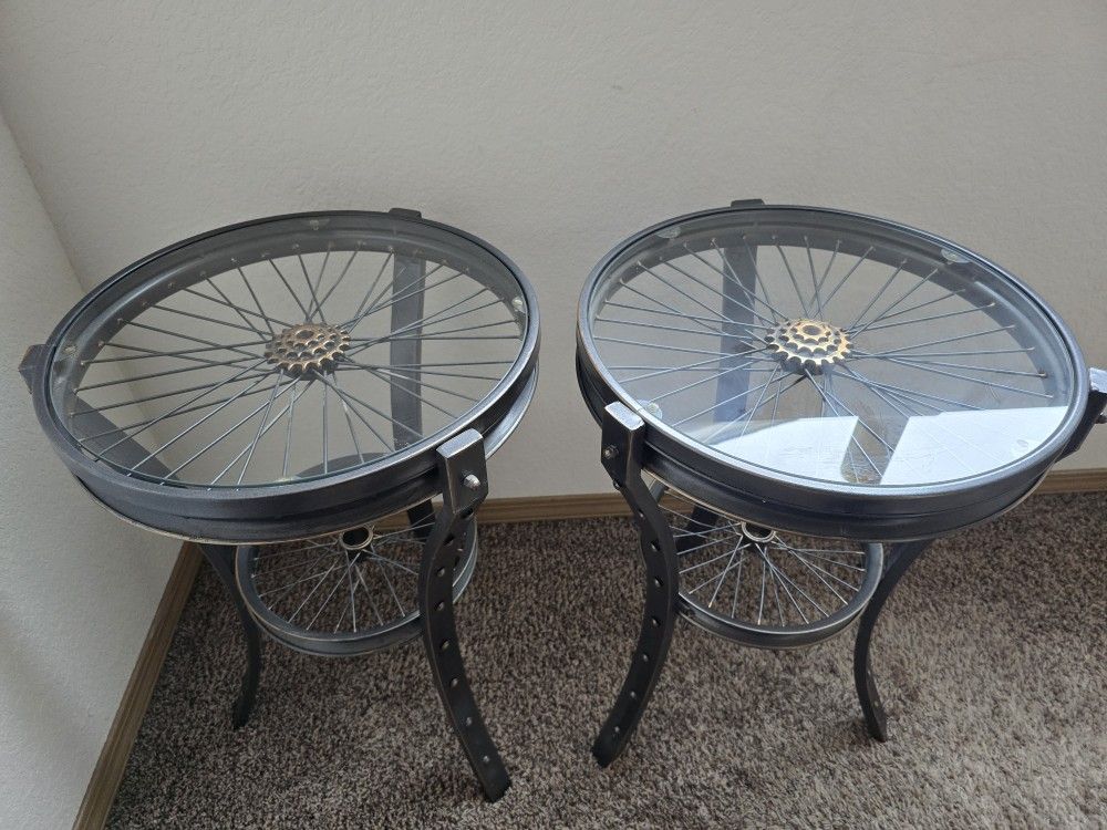Set of 2 Unique Bicycle Wheel Side Tables - 24"H, 16.5" Diameter