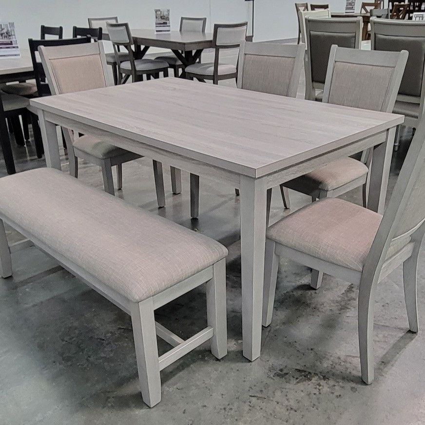 ✅️6 pc  ligght grey finish wood dining table set padded seat chairs and bench. 