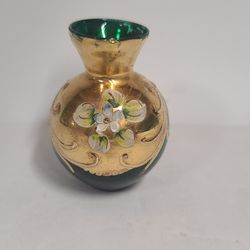 Beautiful Vintage Minature Emerald Green Handpainted Bud Vase Bohemian Glass
