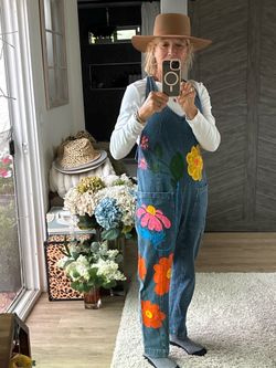 Women size medium, handpainted, jean overalls