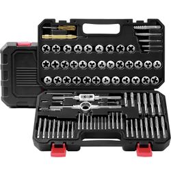 81-Piece SAE/Metric Tap and Die Set, GCr15 Steel, Coarse/Fine M3 to M12 and #4 to 1/2 in Coverage; Heat-Treated GCr15 Steel; Dual Pitch Gauges; Intern