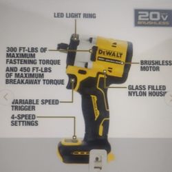 dewalt atomic brushless cordless 1/2' in. impact wrench 4 speed 450 ft-lbs 20v tool only new firm price 
