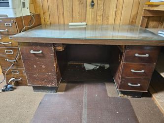 Vintage Wood Executive Desk with Glass Top