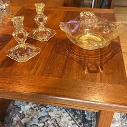 Vintage Yellow Glass Bowl And Candle Holders