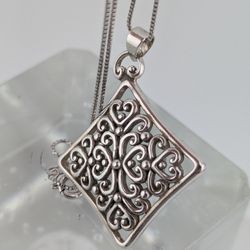 🤍925 Brutalist Sterling Silver Open Heart Scrollwork Pendant 18” Rope Necklace~9g✔️