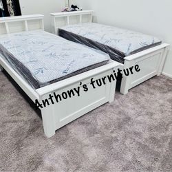 Solid Wood White Twin Bed & 2 Bamboo Mattress 
