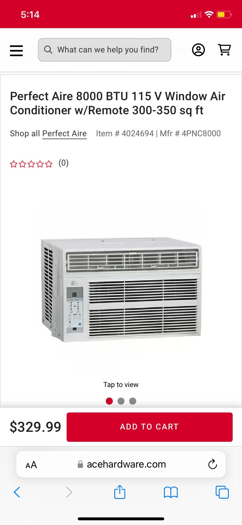 Perfect Aire 8000 BTU 115 V Window Air Conditioner No Remote 