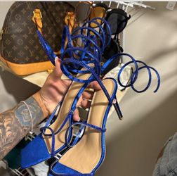 Charlotte Russe rhinestone lace-up stiletto in royal/cobalt blue satin.