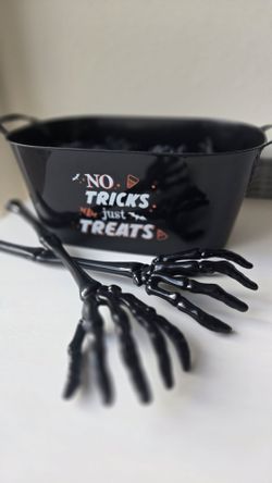 Halloween "No Tricks Just Treats" Black Oval Bowl w/ Handles & Skeleton Hands