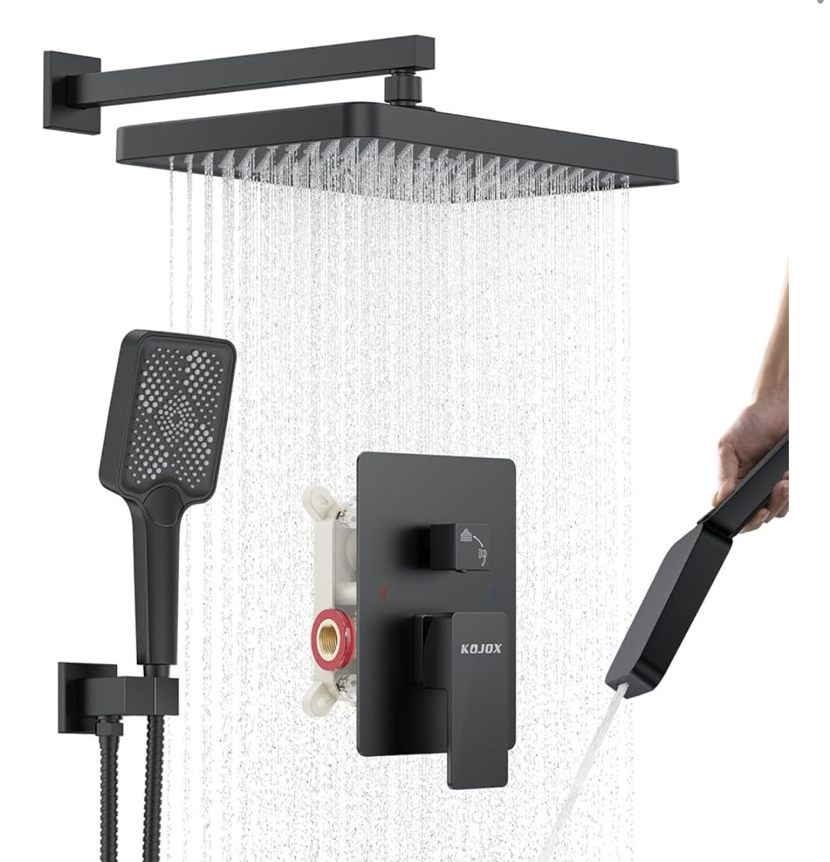 Matte Black 13-Inch Rainfall Shower System - Premium Shower Head & Handheld Sprayer, Complete Bathroom Set with Faucet Mixer Trim Kit & Valve