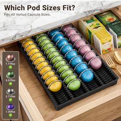 EVERIE Drawer Coffee Pod Organizer for Vertuo Capsules – Holds Up to 40 Large or 52 Small Pods, Space-Saving Insert Tray, Fits Kitchen Cabinets, 15.4"