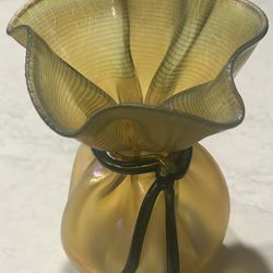 Orient & Flume Gold Luster imIridescent Art Glass Bag Vase with green tie- Smallhouse