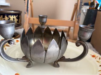Antique candle holder and dish.