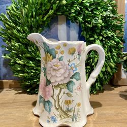 Vintage Transferware  Floral/Chinoiserie Porcelain Pitcher. Signed  D Hague 