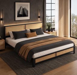 King Size Rattan Bed Frame with Headboard, Boho Metal Platform Bed.