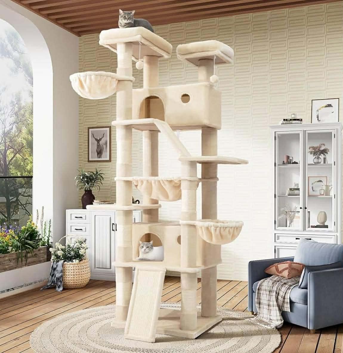 81in Multi-Level Tall Cat Tree Tower for Indoor Kitties/Larger Cat Condo Furniture with Hammock/Cozy Pussycat Perches/Sisal Scratching Posts/Pet House