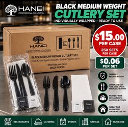 Black Medium Weight Cutlery Set – 250 Sets/Case