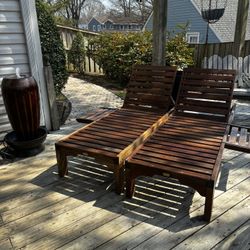Two Garden Side Solid Teak Loungers With Detachable Side Tables And Custom Cushions  