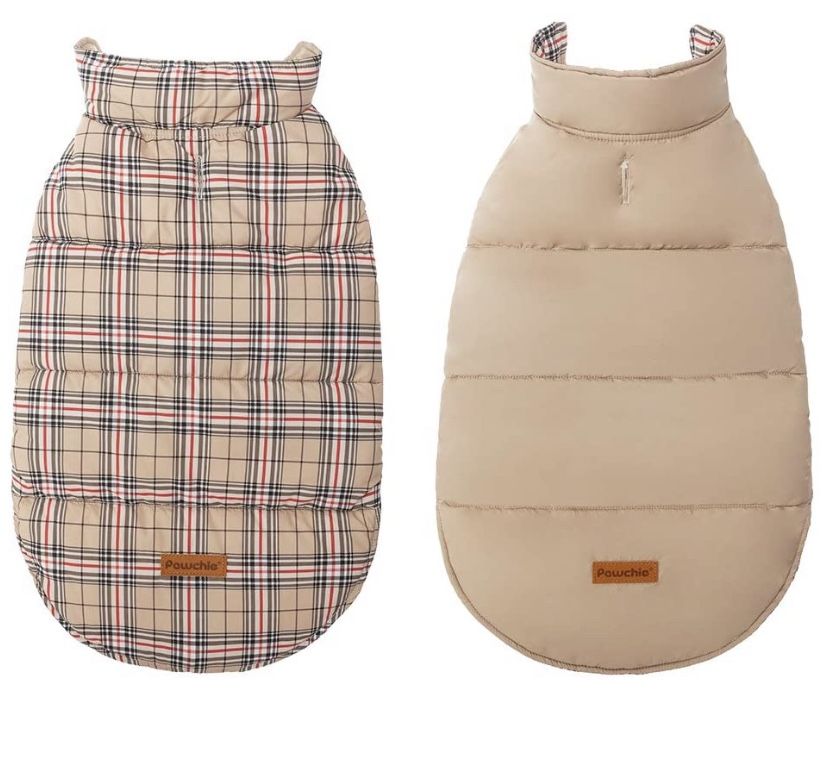 Plaid/Beige Reversible Waterproof Dog Jacket-Large