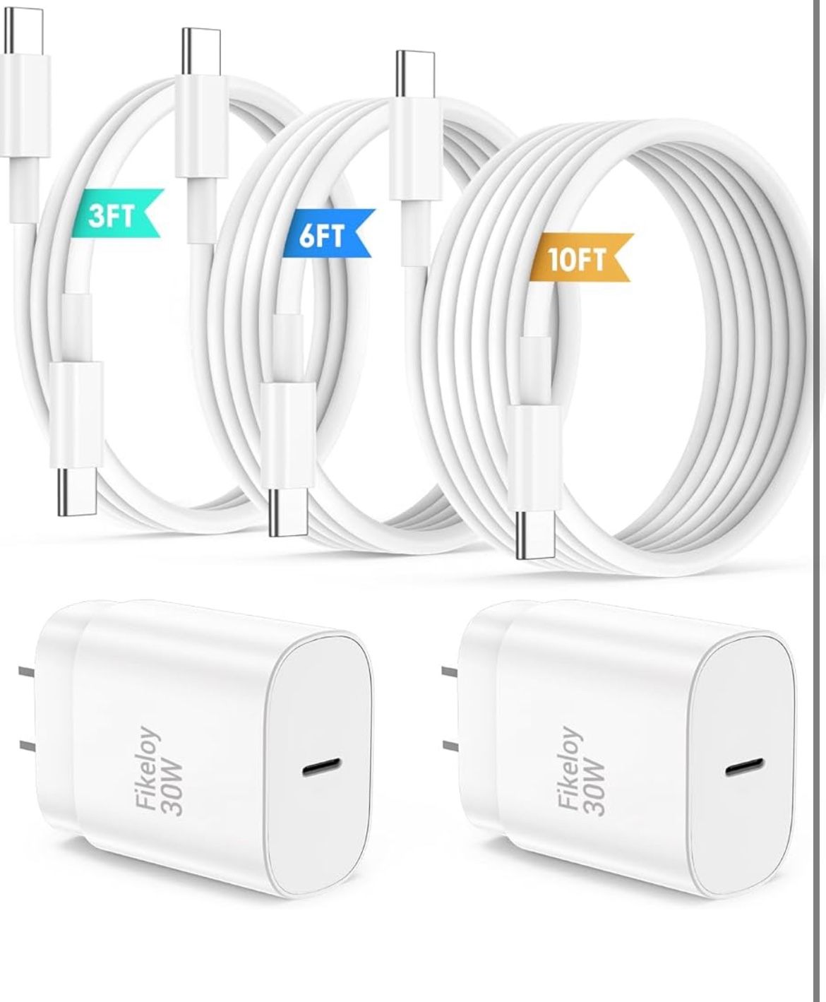 Brand: Fikeloy iPhone 16 15 Pro Max Charger Fast Charging USB C Charger Block, 30W USB-C Charger with 3/6/10FT Type C Fast Charging Long Cable Cord fo