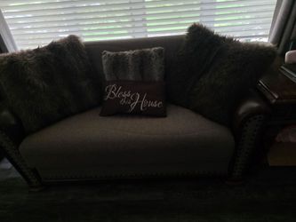 Brown Fabric Loveseat with Nailhead Trim