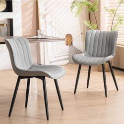 YOUNUOKE Mid-Century Modern Dining Chairs Set of 2, Grey PU Leather Upholstered Kitchen Chairs with Black Metal Legs, Armless Accent Chair for Dining 
