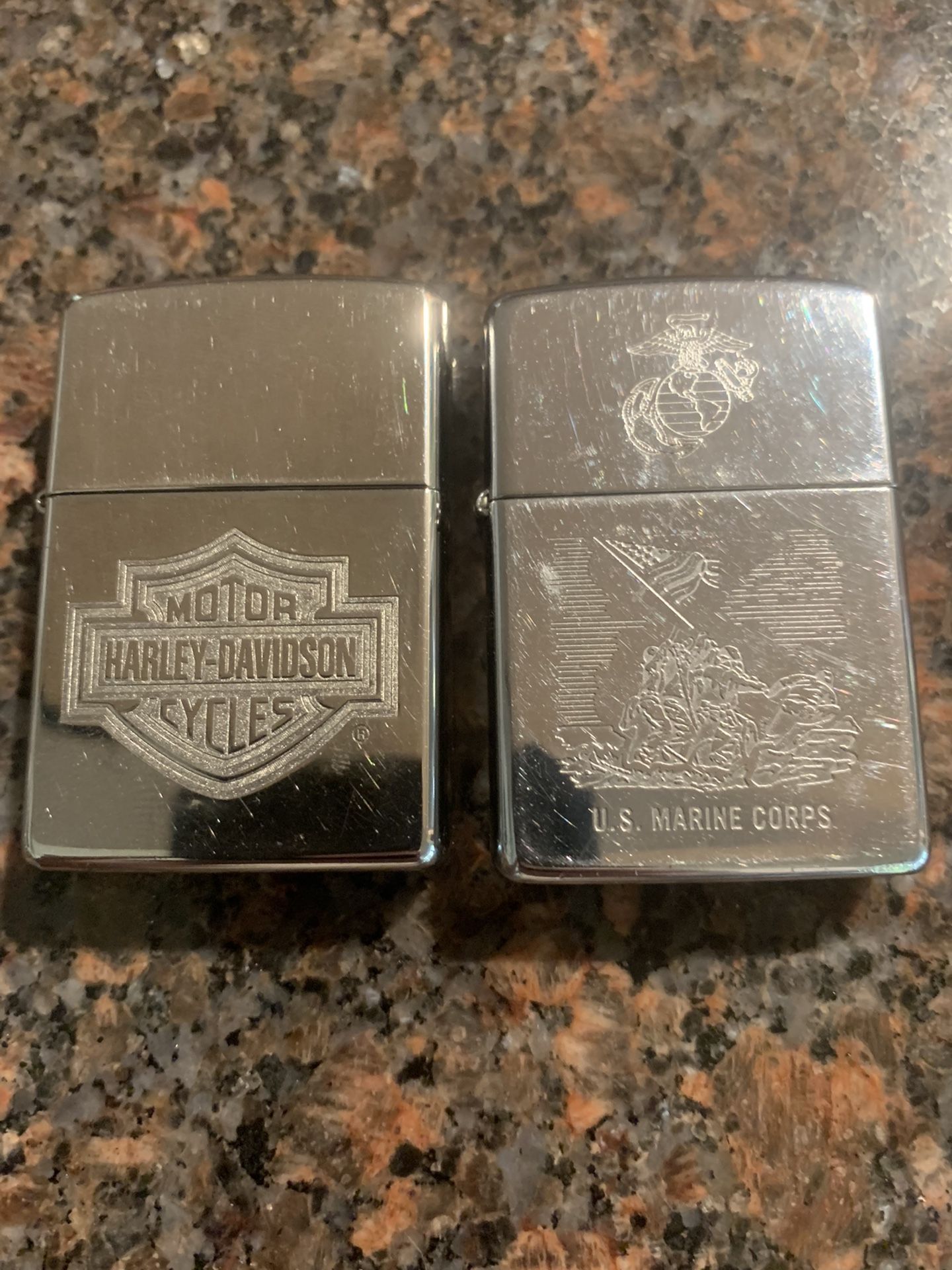Selling Together Vintage Zippo Lighters Harley-Davidson/ U.S. Marine Corps. In Good Condition Will Need Lighter Fluid