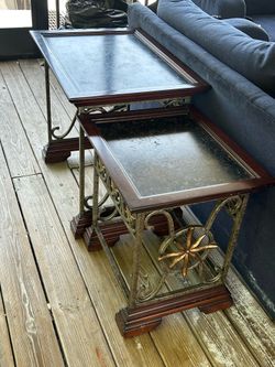 Pair of Traditional Wrought Iron & Wood End Tables with Faux Stone Tops
