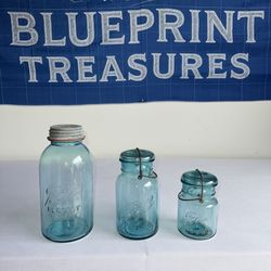 ✨ Vintage Blue Glass Ball Jar Set – PERFECT MASON & IDEAL – Lot of 3! 🫙💙