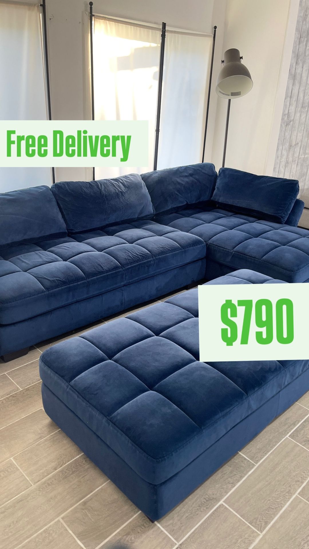 Sectional Couch Blue Velvet West Elm - FREE DELIVERY -