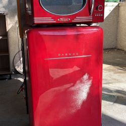 Red Daewoo Fridge With Matching Microwave