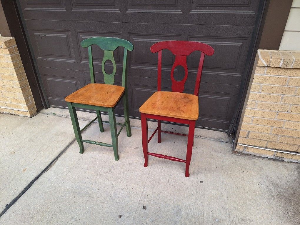 Matching Heavy Solid High-back Wooden Bar Stools