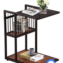 2-Tier Accent C Shape Side/End/Coffee Table with Metal Mesh Storage Basket