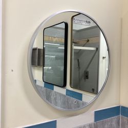 24” Round Mirror, Brushed Nickel Frame, Available For Pick Up