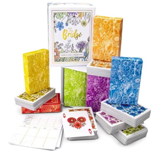 Let's Play Bridge -6 Decks of Colorful, Watercolor Inspired Floral Playing Cards