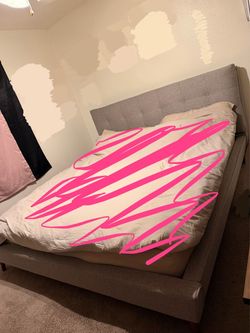 Platform style King bed, gray upholstery