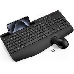 Wireless Keyboard and Mouse Combo - Full-Sized Ergonomic Keyboard with Wrist Rest & Phone Holder