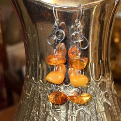 One Of The Kind Vintage Natural Long Amber Earrings: Sterling Silver Dangle Earrings ,