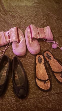 Ladies shoes. Pretty pink slouch boots size 10. Black Ballerina shoes size 8 and beach sandals size 8