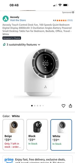 Aecooly Touch Control Desk Fan, 100 Speeds Quiet Bedroom Digital Display 8000mAh 3 Oscillation Angles Battery Powered Small Desktop Table Fan for Bedr