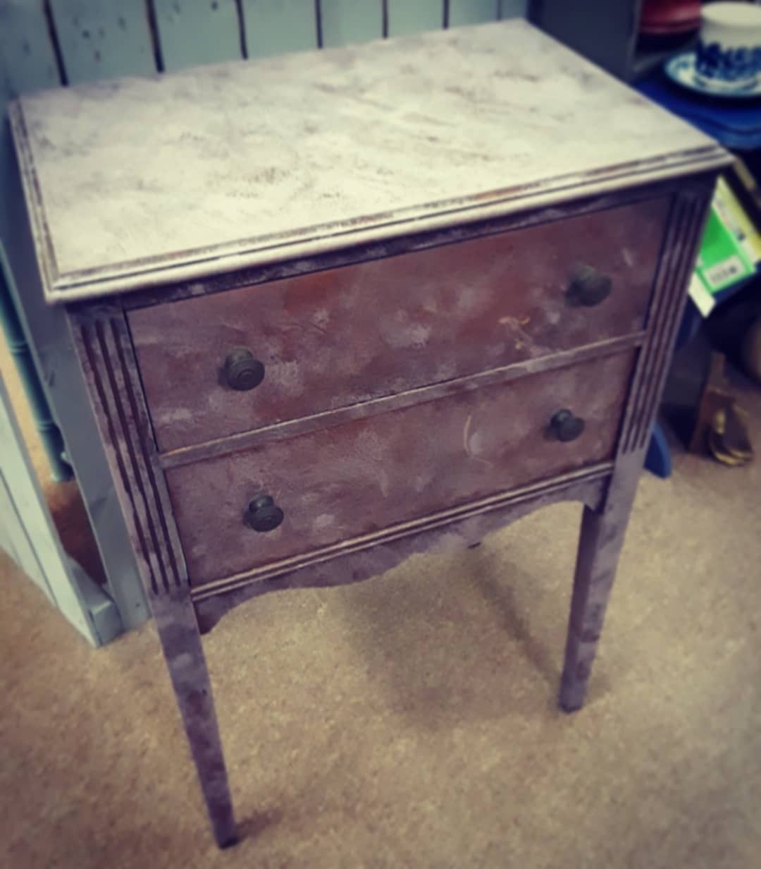 Antique soft lilac & dark wood upcycled sewing cabinet with secret drawer, original metal hardware!