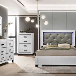 LED Lights , Modern Bedroom Set , Chest , Nightstands, Dresser W Mirror 