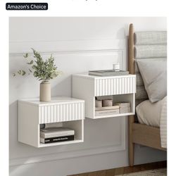 Fluted Floating Nightstand Set of 2 with Drawer, Modern Night Stand with Fluted Door and Open Storage Shelf Wall Mounted Bedside Table for Bedroom, En