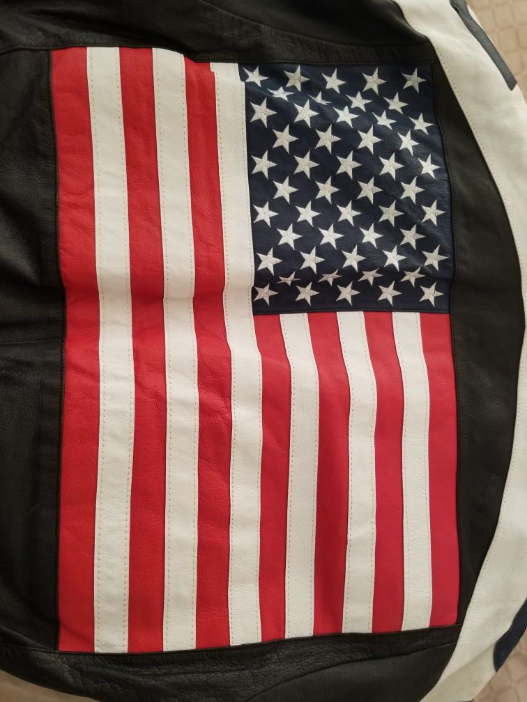 Michael Hoban leather usa flag motorcycle jacket L