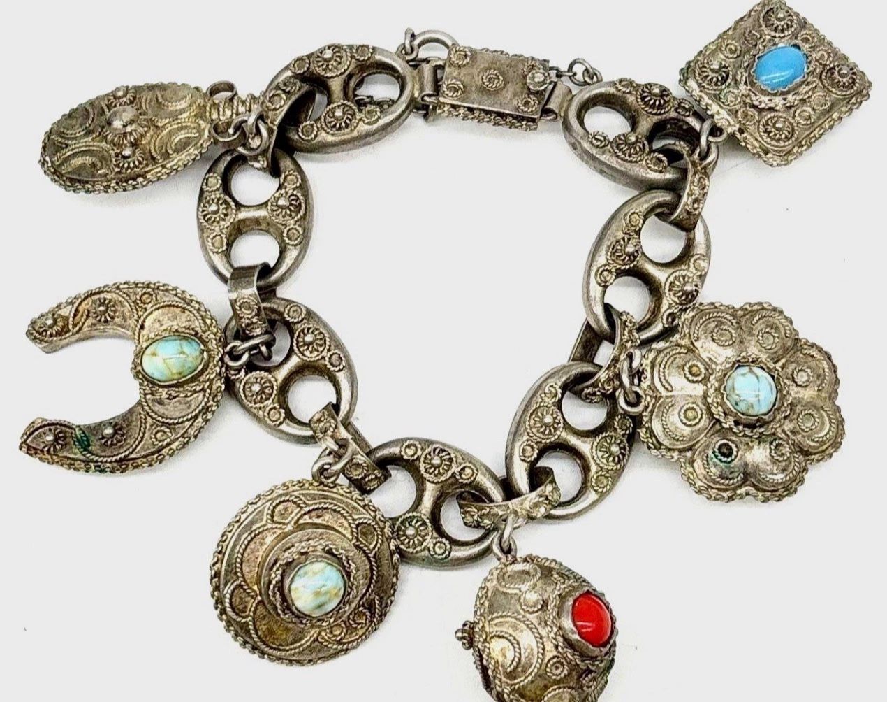FREE SHIPPING! Vintage 800 Silver Italian Etruscan Revival Glass Fob Charm Bracelet 6.75"