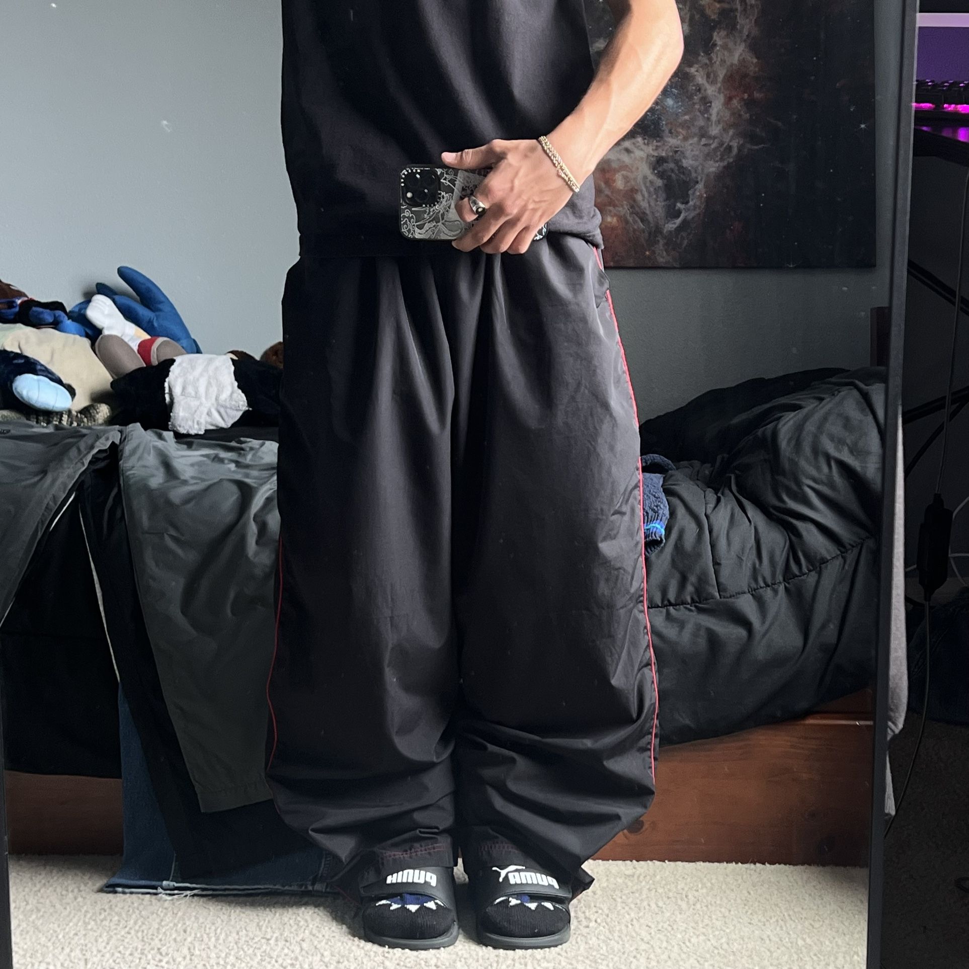 cyber y2k 2000s grunge baggy skater loose red striped track pants