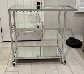 Modern Silver Metal & Glass Bar Wine Cart, 3 Tiered Shelves, 4 Wheels with Lock