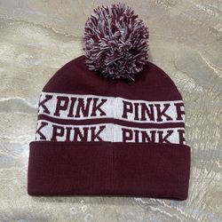 PINK Victoria's Secret Pom Pom Hat Knit Cap Maroon / See Pics & Read Description