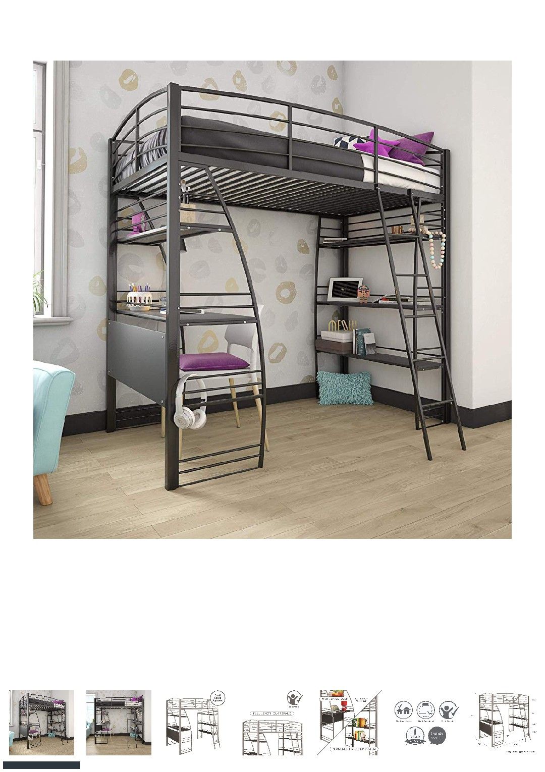 DHP Studio Loft Bunk Bed Over Desk and Bookcase with Metal Frame, Black, Twin