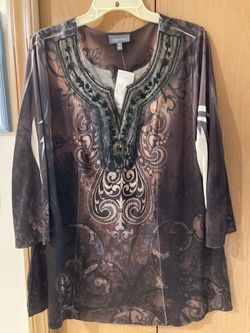 NWT Essentials Womens Tunic/Top brown and gold with jewel neckline size 1x